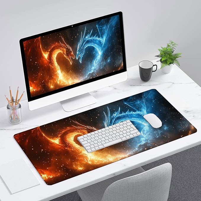 Japanese Anime Dragon Desk Mat Fantasy Fire Ice Dragon Mousepad XL Large Gaming Mouse Pad Laptop Keyboard Mat Desk Pad 31.5"x11.8" Office Home Decor for Women Girl