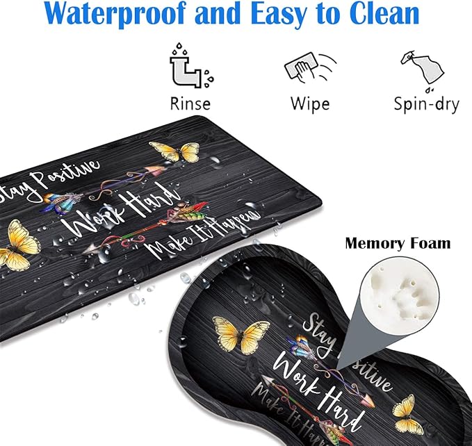 3 Piece Mouse Pad Set with Stitched Edge Large Anti-Slip Mouse Pad Desk Pad Keyboard Pad + Wrist Rest Pad + Coaster, Memory Foam Wrist Rest for Office/Home, Stay Positive Work Hard and Make It Happen