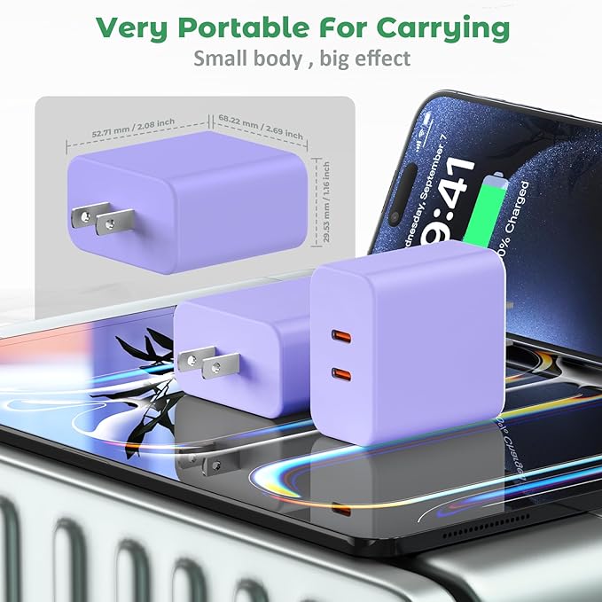 USB C Charger Block, 40W Dual Port Fast Charger 20W Type C Charging Block 3.1A USB Wall Charger Dual Port PD+QC Charging Cube for iPhone 15 16 14 13 12 11 Pro Max XS, iPad, Samsung Phone-Purple