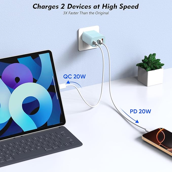 iPhone 17 Charger Block,40W 4-Port PD USB C Charger Block Power Adapter+QC Wall Charging Plug 2 Pack Fast Charging Cube Apple Multiport Brick for iPhone 17/17Pro/Air/16e/16/15/14/13/12,iPad(Pink&Blue)