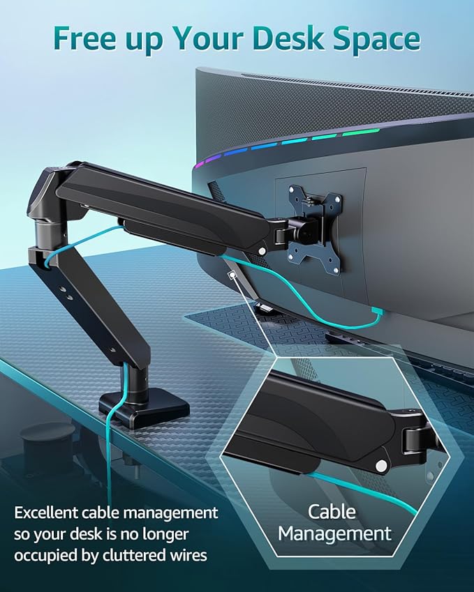 Heavy Duty Single Monitor Arm for Max 42 Inch Screens, Monitor Mount for Desk Supports 4.4-33 lbs, Height Adjustable Ultrawide Monitors Stand with C-Clamp & Grommet Base, VESA Mount 70/100