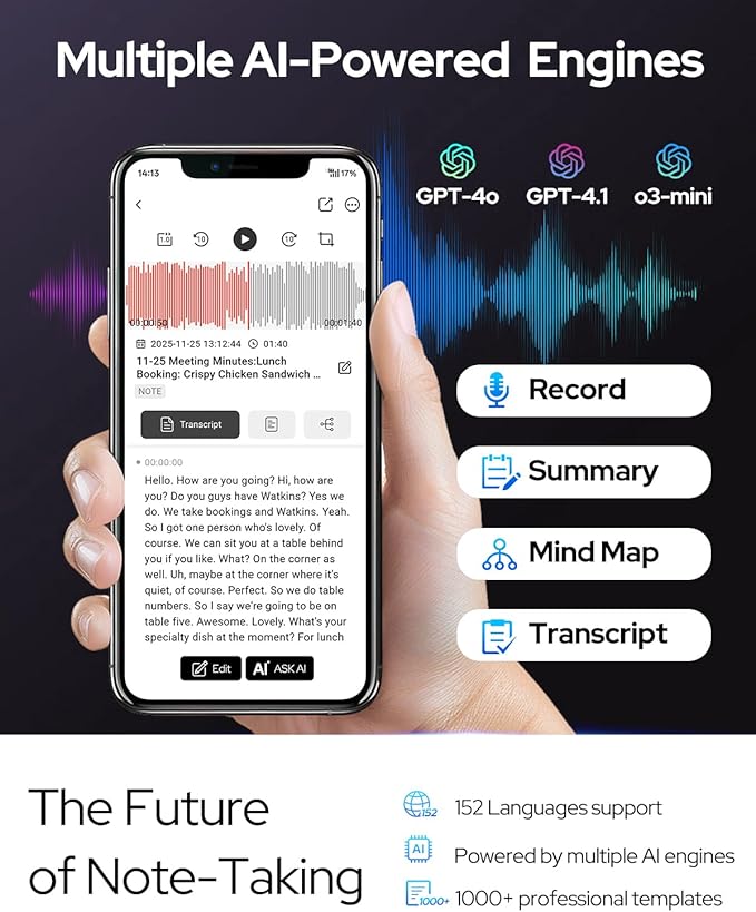 Voice Activated Recorder, Digital Voice Recorder for Lectures, Meetings, Calls, Interviews, AI Note Taking Device Supports 152 Languages with No Subscription, 64GB, Noise Reduction, 72-Hrs Endurance
