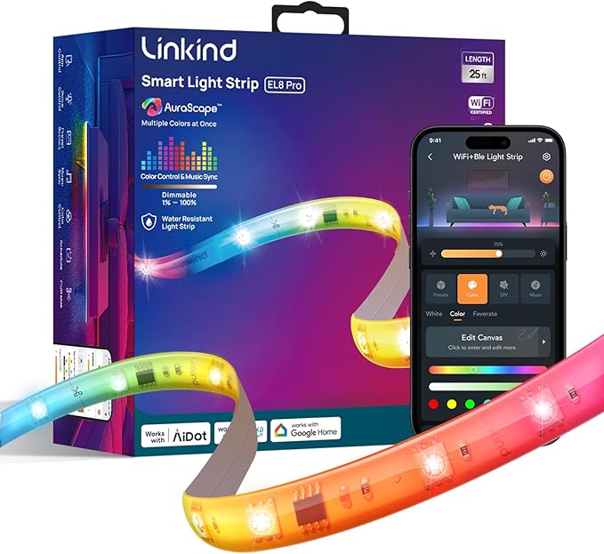Linkind LED Strip Lights RGB 25ft, Smart Light Strip Work with Alexa and Google Home, App Control Music Sync Segmented Color Changing Led Lights for Bedroom Kitchen