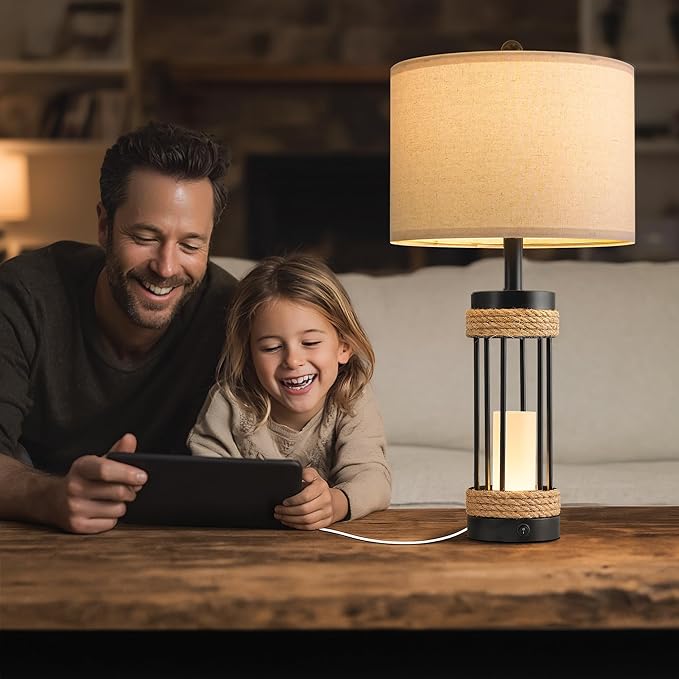 OYEARS 25" Table Lamps Set of 2 with Night Light, Rustic Bedside Lamps with USB C+A Charging Ports, Black Metal Lamp with Rope Accent and Frosted Glass, Farmhouse Lamps for Living Room Bedroom