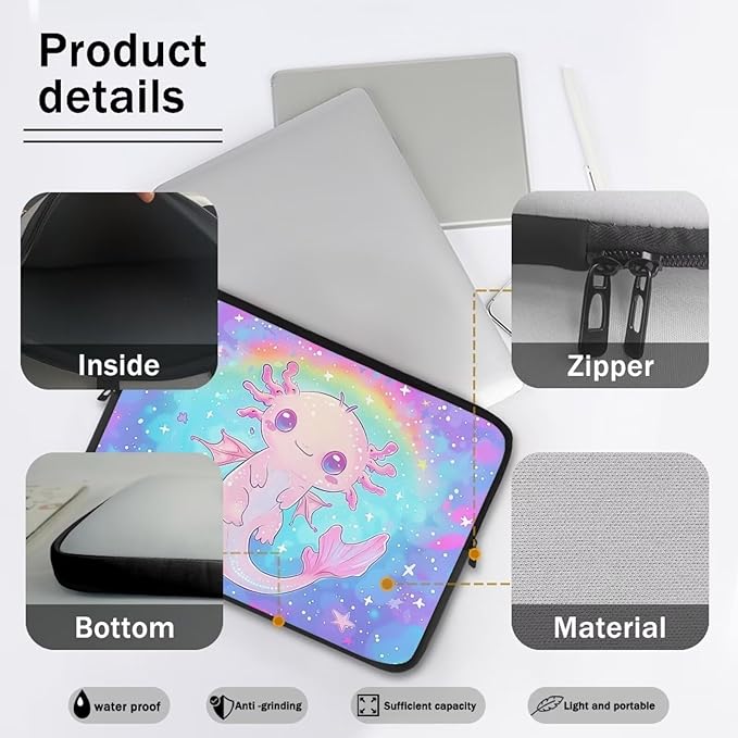 Cute Axolotl Laptop Sleeve for Teen Girls - 17 inch Rainbow Laptop Accessory with Versatile Uses - Ideal Gifts for Holidays - Galaxy Purple