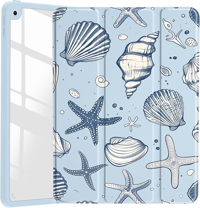 JOYLAND Sea Shells Case for iPad Air 13-inch (M3) 2025/ (M2) 2024, Clear Acrylic Hard Back Ice Blue Case with Pencil Holder Trifold Stand Tablet Cover for Girls Women