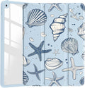 JOYLAND Sea Shells Case for iPad 7th/8th/9th Generation, Clear Transparent Acrylic Hard Back Ice Blue Case with Pencil Holder Trifold Stand Tablet Cover for iPad 10.2" 2019/2020/2021