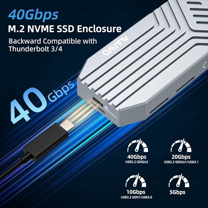 MAIWO M.2 NVMe SSD Enclosure 40Gbps, USB4 External Tool-Free NVMe Enclosure for 2280 M-Key,Compatible with Thunderbolt 4/3/USB4/USB C with Cooling Fan, Aluminum Alloy Shell ASM2464PD Chip