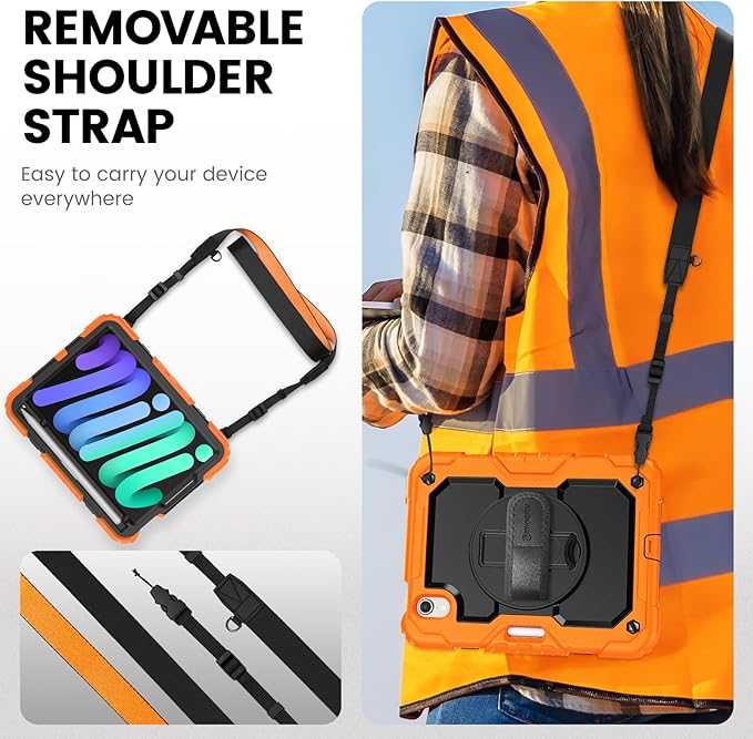 Timecity Case for iPad mini 7th/6th Generation 2024/2021 8.3 inch, Full-Body Protective for iPad mini 7/ Mini 6 Case with Screen Protector Pencil Holder Swivel Stand Hand/Shoulder Strap- Orange