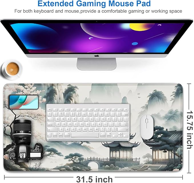 Large Gaming Mouse Pad, 31.5x15.7 inch Large Extended Computer Keyboard Mouse Mat, Water Resist Non-Slip Mousepad Rubber Base Long XXL Mouse Pad for Work & Gaming, Office & Home, Sakura Ancient City