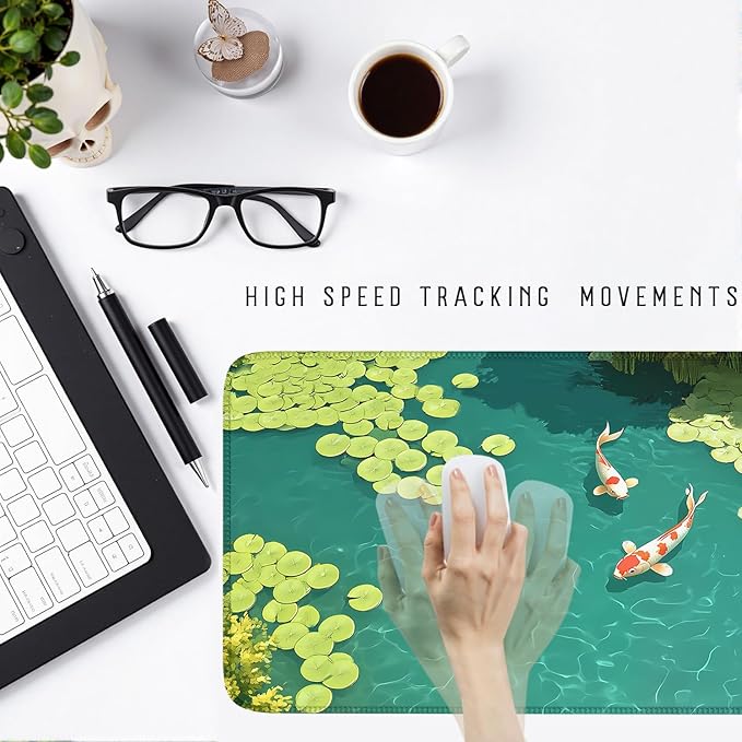 Japanese Koi Fish Desk Mat Pad XXL Large Lofi Serene Pond Playmat Gaming Mouse Pad Desktop Mat for Office,Computer,Keyboard,Laptop and Home 31.5 X 15.7inch