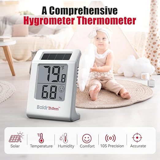 2.2'' Digital Thermometer and Hygrometer Meter, Solar-Powered Indoor Temperature Sensor Humidity Monitor, Humidity Gauge for Baby Rooms, Bedrooms, Home, Office, and Wine Cellars, White, 2Pack