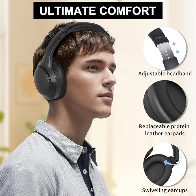 Active Noise Cancelling Headphones, 65H Bluetooth Headphones, Custom EQ via App Headphones Wireless with Mic, Bluetooth 6.0 Foldable Lightweight Headsets for Commuting Travel Work Home (Black)