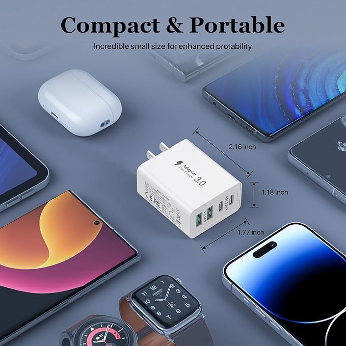 USB C Wall Charger, 40W 4-Port USB C Charger Block, Fast Charging Block Dual Port PD+QC Wall Plug Multiport Type C for iPhone 14/13/12/11/Pro Max/XS/XR/8/7, iPad, Samsung Phone, Tablet