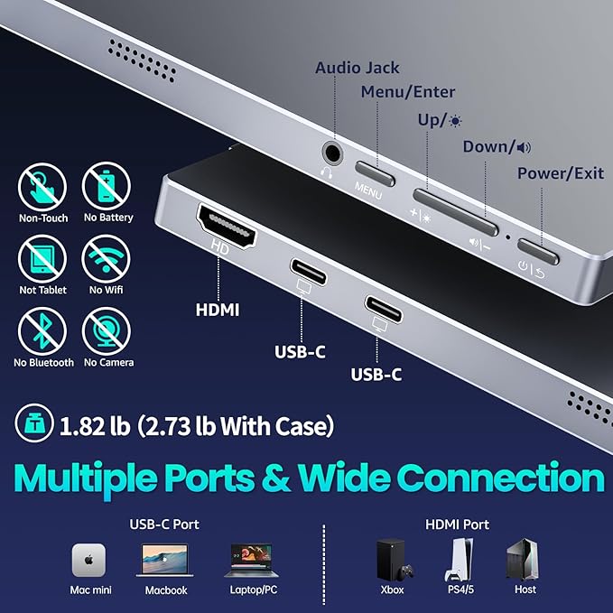 Upperizon Portable Monitor 15.6 inch FHD 85% sRGB 60Hz HDR HDMI USB-C Travel Monitor for Laptop MacBook PC Surface PS5 Xbox, External Display with Cover & Speakers, VESA Compatible