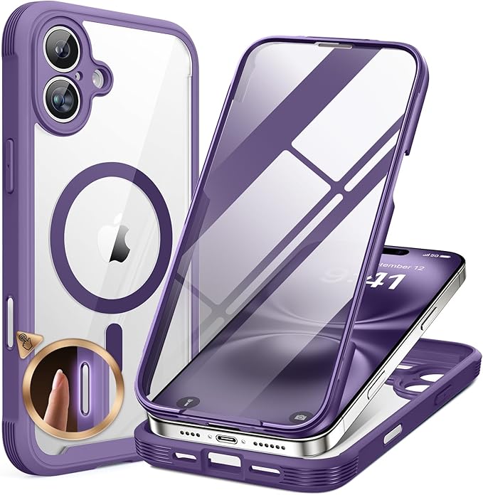 Miracase Magnetic for iPhone 16 Plus Case Full-Body Phone with Built-in Glass Screen Protector, [Compatible with MagSafe] Military Drop Proof 16 Plus Cover 6.7 inch, Purple