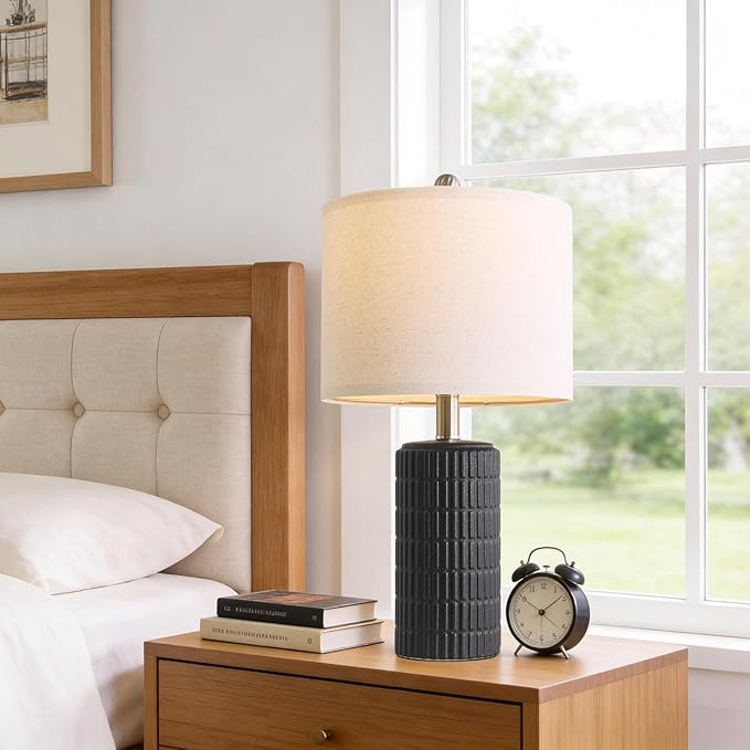 PoKat Small Table Lamps Set of 2 for Bedroom, 20.75'' Matte-Textured Farmhouse Ceramic Bedside Lamps for Night Stands, Stone-Like Modern Lamps for Living Room End Table Hallway Entryway Decor Black