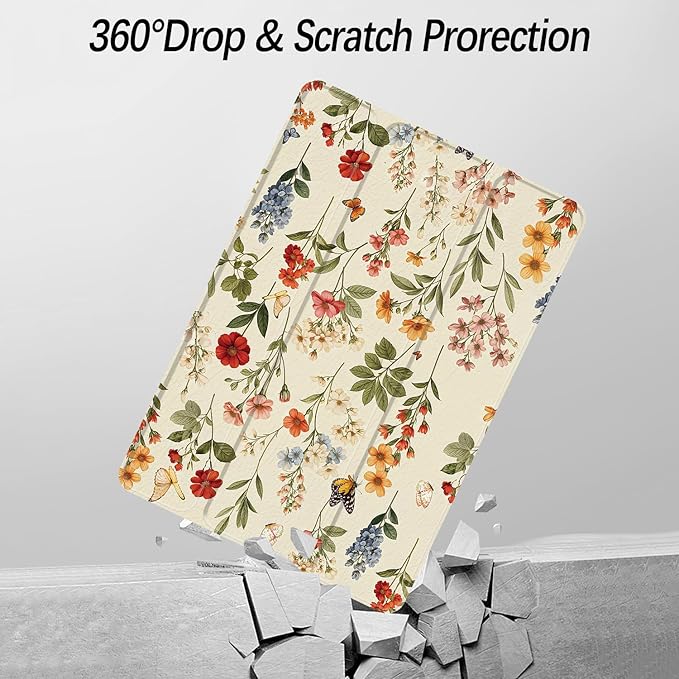 Case for iPad Pro 11-Inch M5/M4 2025/2024 (6th/5th Generation), Case with Pencil Holder, Clear Back Cover Cute Cool Design for Women Girls, Auto Sleep/Wake, Wildflower B
