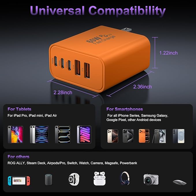 USB C Fast Wall Charger Block, 2Pack 60W USBC Charging Cubes, 5-Port PD+QC Power Adapter Multiport Brick Type C Box Plug for Phone 17/16/15/14/13/12/11/Pro Max/Plus, Pad Mini/Pro/S25/S24-Orange