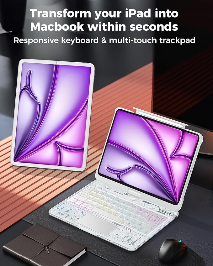 SIBEITU Clear Wireless Keyboard Case for iPad Air 13-inch M4/M3/M2 (2026/20252024) & iPad Pro 12.9-inch 6th 5th 4th 3rd Gen, Precision Trackpad & 7-Color Backlit, Pencil Holder, 360°Rotatable, White