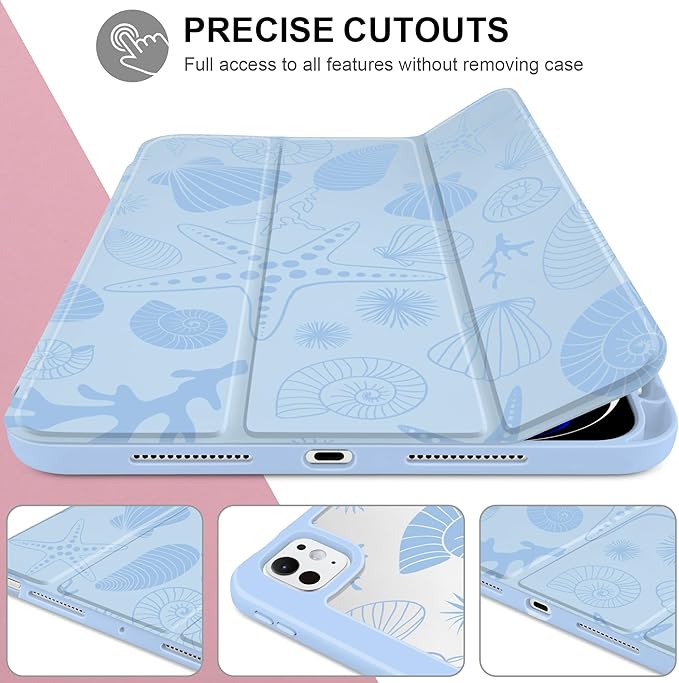 Case for iPad Pro 13 inch (M5) 2025 (M4) 2024 Release Slim Lightweight Cute Light Blue Cover with Clear Back TPU Edge Pencil Holder Trifold Stand, Starfish and Shells
