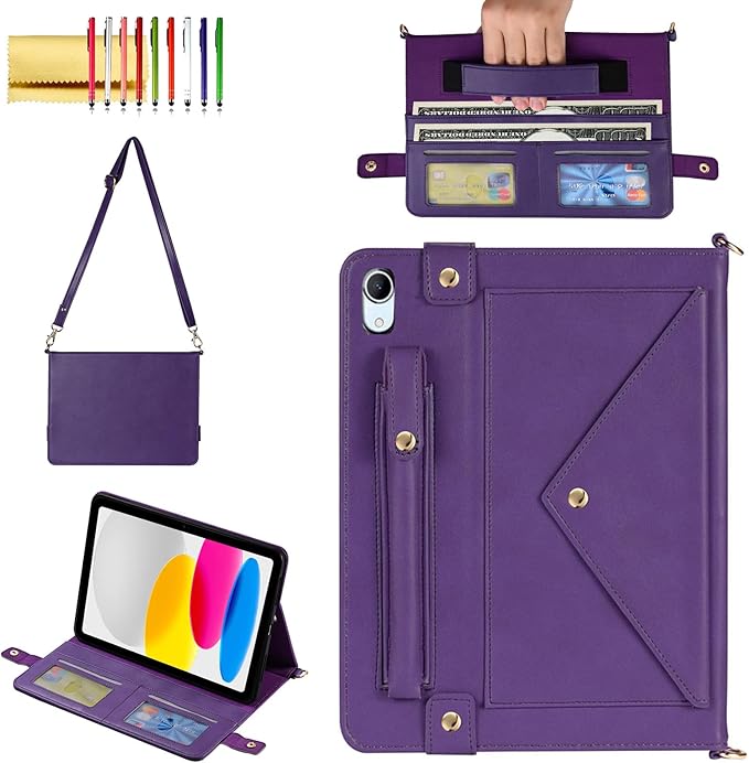 Handbag Case for iPad (A16) 11" 2025 & iPad 10th Gen 10.9", Techcircle Folio Stand PU Leather Crossbody Cover with Pencil Holder+Card Slots Wallet Case w/Shoulder Strap+Hand Strap, Purple
