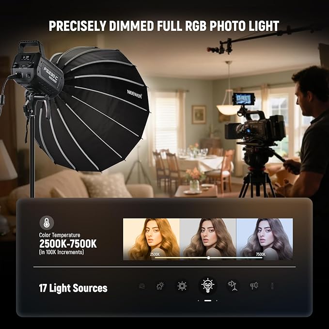 NEEWER 230W High Power RGB LED Video Light, APP/2.4G Control, 2500K-7500K 23000lux/1m COB Continuous Output Lighting, 17 Effects CRI95+ Bowens Spotlight for Studio Photography Video Recording, FS230C
