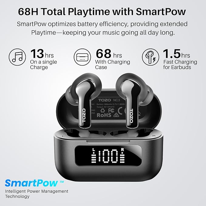 TOZO Hybrid Active Noise Cancelling Wireless Earbuds with 6 Mics AI Clear Call Ear Buds 68H Playtime with LED Display 32 Preset EQs via APP Bluetooth 5.3 IPX8 Waterproof in Ear Headphones