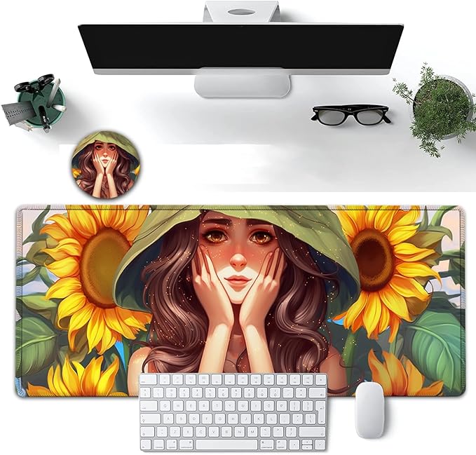 Large Mouse Pad, 31.5 x 11.8in Extended Gaming Mouse Pad with Stitched Edges, XXL Mousepad Protector Non Slip Rubber Base for Office and Home Writing Mat, Anime Sunflower Girl Pattern Desk Mat