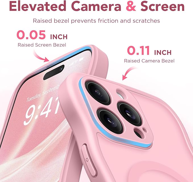 CAPRARO Cute for iPhone 14 Pro Case, Compatible with MagSafe, [Curly Wave Edge] [Full Camera Protection] [14 FT Drop Protection] Magnetic Phone Case for 14 Pro 6.1 Inch, Peach Pink