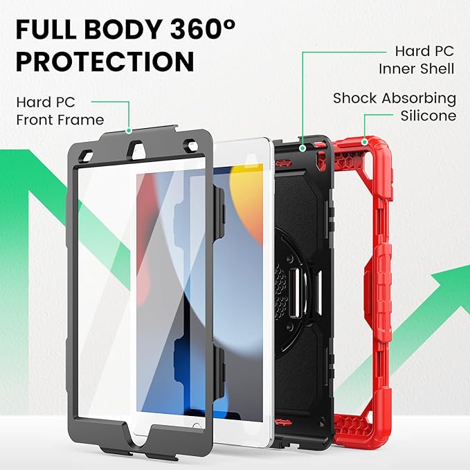 SEYMAC for iPad 9th/8th/7th Generation Case 10.2" 2021-2019, Full-Body Shockproof Heavy Duty Protective Case with Screen Protector, 360° Rotating Stand/Handle/Shoulder Strap for iPad 10.2 Inch, Red