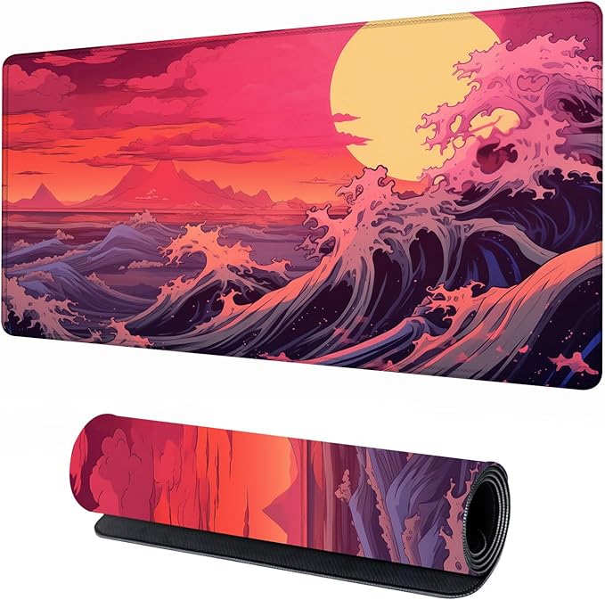 Japanese Sea Wave Large Gaming Mouse Pad with Stitched Edges, 31.5" x 15.7" Large Extended Computer Pad, Mouse Pad Protector with Non-Slip Waterproof Rubber Base Desk Pad for Laptop Office Accessories