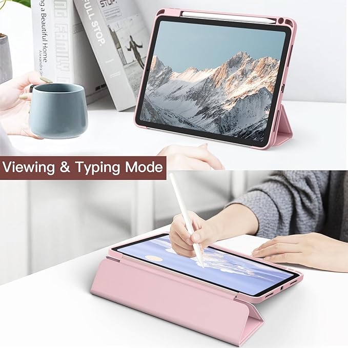 JETech Case ONLY for iPad Air 11-Inch M4/M3/M2 (2026/2025/2024), iPad Air 5/4 (2022/2020 5th/4th) with Pencil Holder, Clear Transparent Back Slim Stand Shockproof Tablet Cover (Pink)