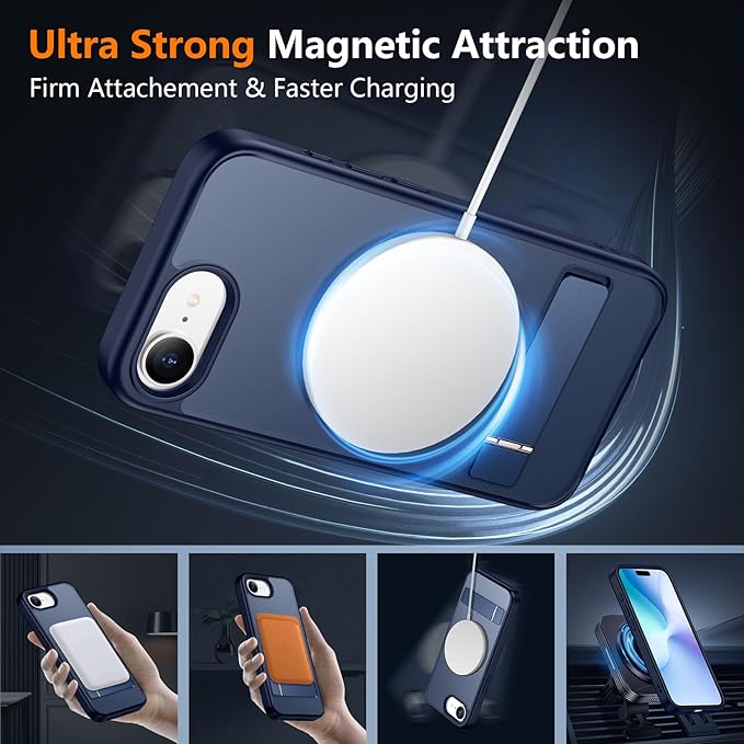 SPIDERCASE Magnetic for iPhone 17e Case for iPhone 16e Case, with [3 Stand Ways] [Military Grade Drop Protection] Invisible Stand Shockproof Slim Case for iPhone 17e/16e 6.1 inch, Blue