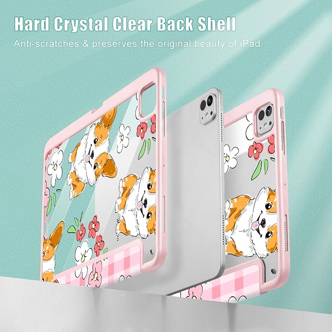 May Chen Case for iPad Pro 11-Inch M5/M4 2025/2024 (6th/5th Generation), [Penceil Holder] Trifold Stand Auto Wake/Sleep Clear TPU Protection Back Cover, Corgi Dog Stripes