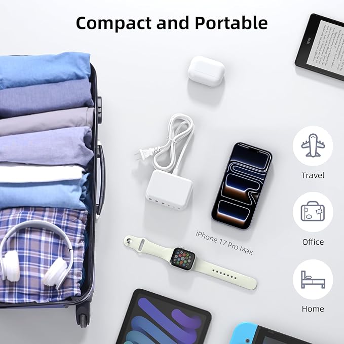Updated USB C Fast Charger Block, 100W GaN 6 Port PD USB C QC USB A Wall Charger Adapter Plug Cube, Type C Charging Station Hub for iPhone 17 16 15 14 13 Pro Max iPad Samsung Pixel 5ft Extension Cord