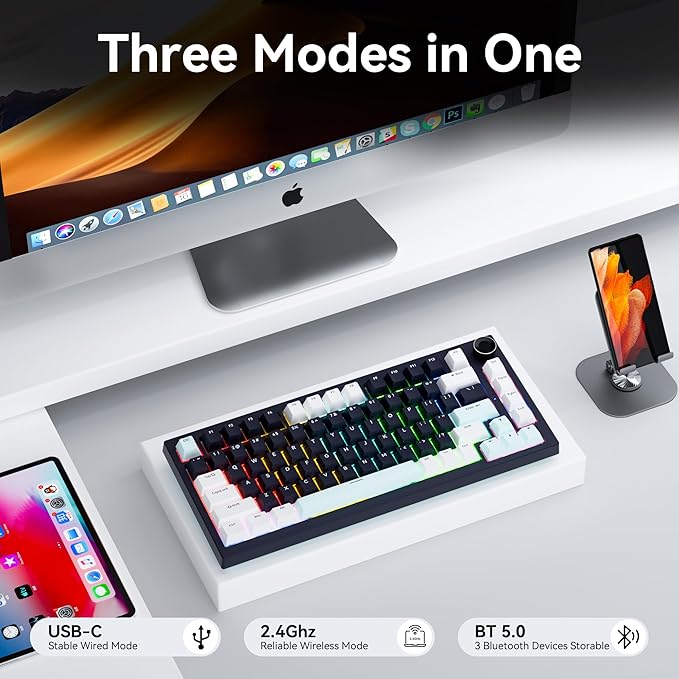 Gurjot Wireless Mechanical Keyboard with Knob,Tri-Mode BT5.0/2.4GHz/USB-C Hot Swappable Mechanical Keyboard,Pre-lubed Linear Switches,8000mAH Battery RGB Backlit Computer Gaming Keyboards