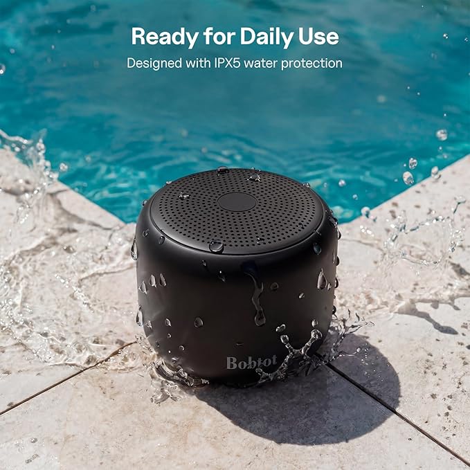 Bobtot Portable Bluetooth Speakers with Strap Easy to Carry, Wireless IPX5 Waterproof Mini Speaker with Loud Stereo Sound, 20 Hours Playtime, Rechargeable Battery, Built-in Microphone, Black