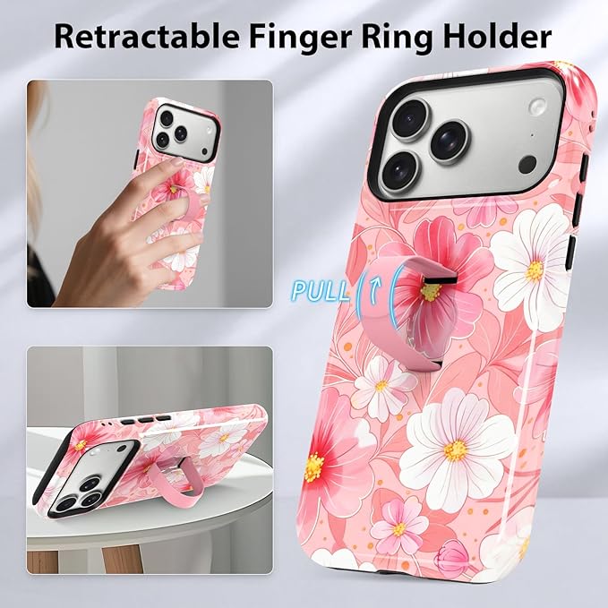 KANGHAR Compatible with iPhone 17 Pro Case, Support for MagSafe, Silicone Flower Floral Cute Pattern, Finger Hold Wristband Kickstand Camera Protection Soft Slim Phone Case for Girls Women -Pink