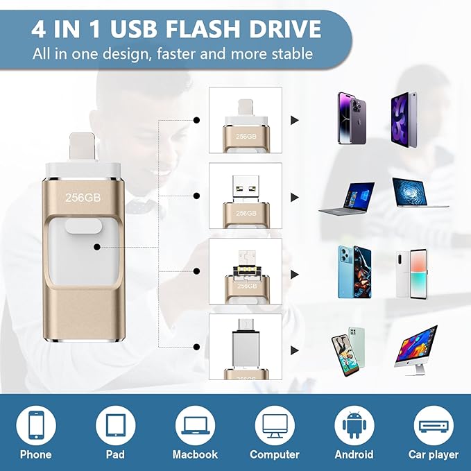 256GB Flash Drive[No App Required] Intended for Phone Tablet Androidphone and Computers, 4 in 1 Photo Stick for Phone Memory Storage Easily Backup Photos Videos（Gold）