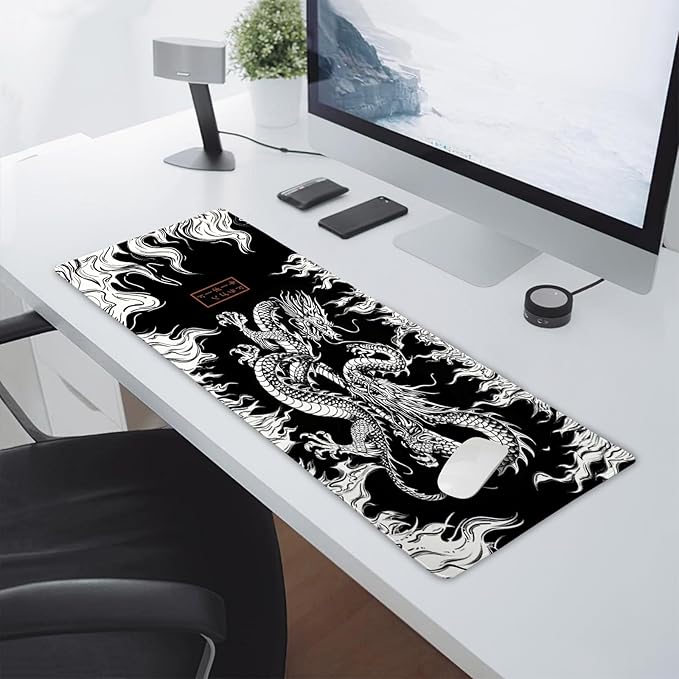 Japanese Dragon Mouse Pad XL Black White Aesthetic Anime Extended Desk Mat 80X30 cm Non-Slip Rubber Base Stitched Edge Large XL Mousepad for Desk Gaming Laptop Desktop,31.5×11.8 Inch