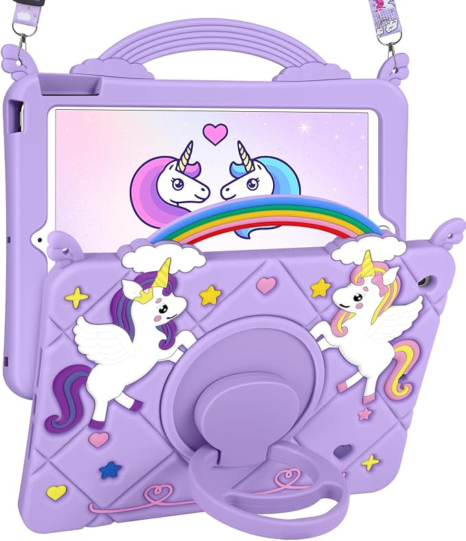 Uppuppy for iPad 9th/8th/7th Generation Case 10.2 Inch - Cute Girls Kawaii Cover Girly 3D Cartoon Teen with Rotating Stand & Strap Purple Soft Silicone Cases for iPad 7/8/9 Gen 2021 2020 2019