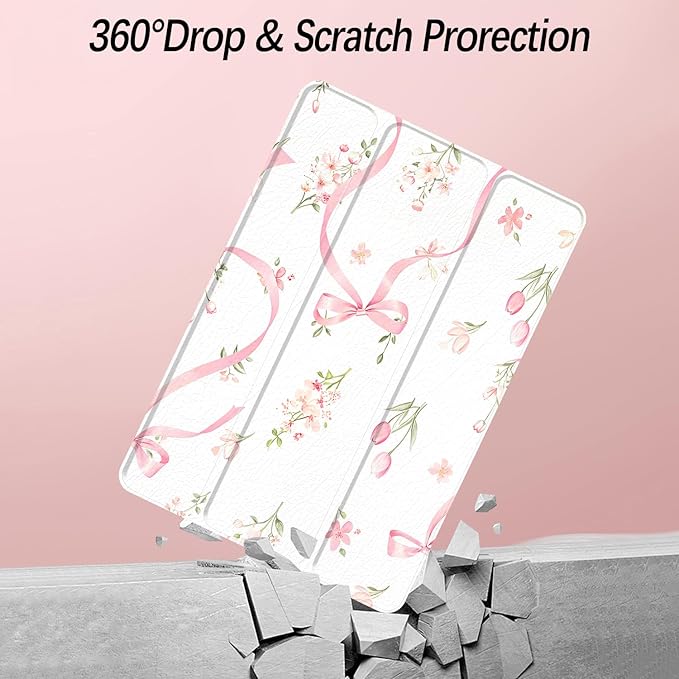 Case for iPad Pro 11-Inch M5/M4 2025/2024 (6th/5th Generation), Case with Pencil Holder, Clear Back Cover Cute Cool Design for Women Girls, Auto Sleep/Wake, Bow Tulip