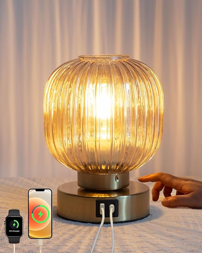 Elenhome Touch Small Table Lamp,Elegant Gold Glass Bedside Lamp 3 Way Dimmable with USB C+A Charging Ports - Bedroom Nightstand & Living Room Essential, 4W Bulb Included (Gold)