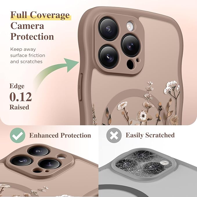 GVIEWIN for iPhone 15 Pro Case Compatible with MagSafe [Curly Wave Edge][Full Camera Protection] Floral Translucent Shockproof Magnetic Women Phone Case for iPhone 15 Pro 6.1'', Floratopia/Brown