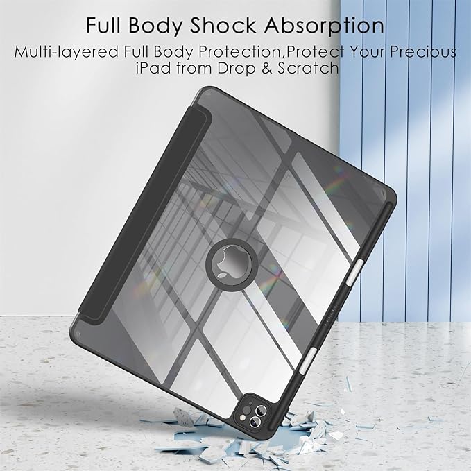 Soke for New iPad Air 13 Inch Case (M3 2025/M2 2024) with Pencil Holder, [Auto Wake/Sleep + Camera Protection] Shockproof Cover with Clear Transparent Back for Apple iPad Pro 12.9", Black