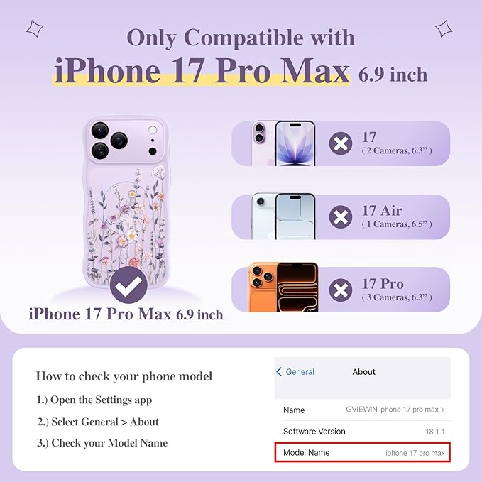 GVIEWIN for iPhone 17 Pro Max Case Compatible with MagSafe [Curly Wave Edge][Full Camera Protection] Floral Translucent Shockproof Magnetic Women Phone Case for 17 Pro Max, Floratopia/Purple