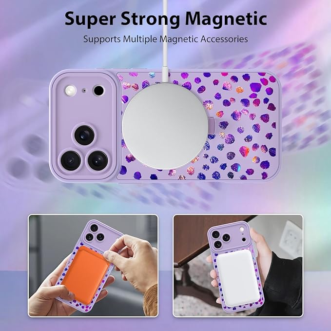 KANGHAR Compatible with iPhone 17 Pro Case, Support for MagSafe, Silicone Cute Iridescent Pattern Leopard Print Cheetah, Wristband Kickstand Shockproof Soft Slim Cover for Girls Women, Purple