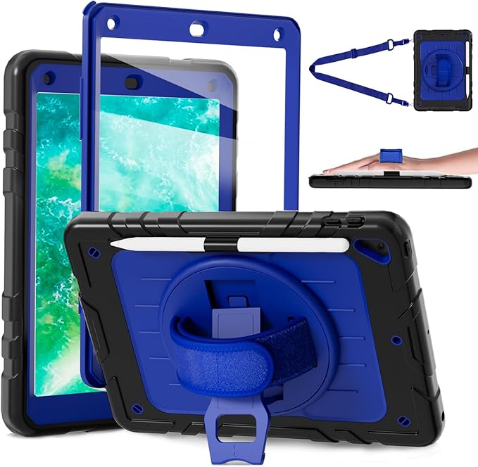 Case for iPad 6th/5th Generation 9.7''inch with Screen Protector Pencil Holder [360 Rotating Hand Strap] &Stand, Drop-Proof Case for iPad 6th/5th/ Air 2/ Pro 9.7 (Black&Blue)