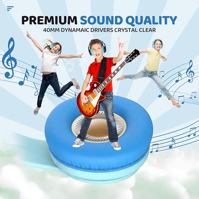JoySpark Kids Bluetooth Headphones, Lightweight Wireless Headphones for Kids, 85/94dB Volume Limited, 60 Hours Playtime, Bluetooth 5.3, Over-Ear Toddler Headsets with Built-in Mic (Macaron Blue)